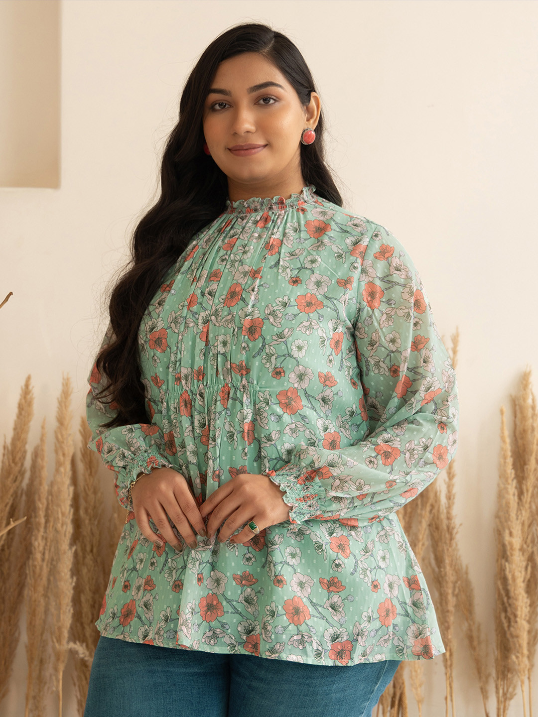 

Janasya Women Floral Dobby Georgette Regular Top, Green