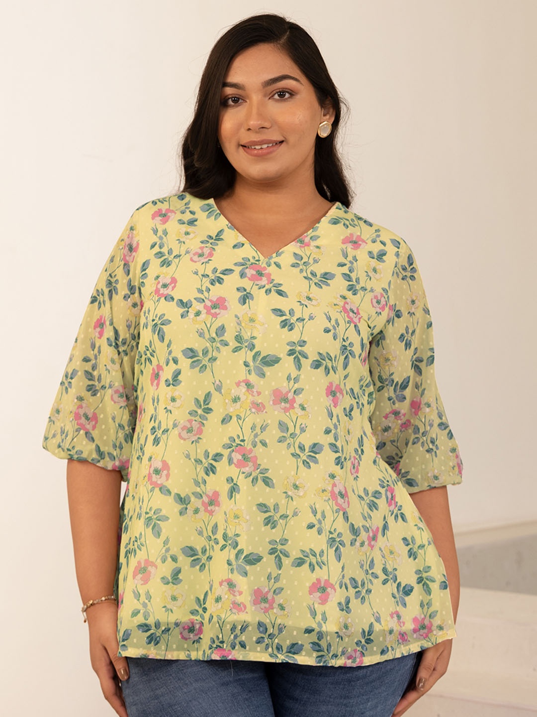 

Janasya Plus Size Floral Printed V-Neck Puff Sleeve Georgette A-Line Top, Yellow