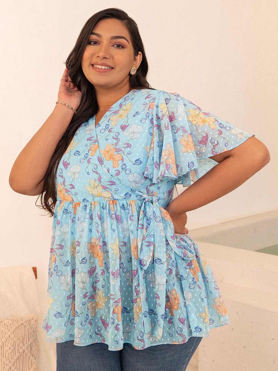 

Janasya Floral Printed Wrap Top, Blue
