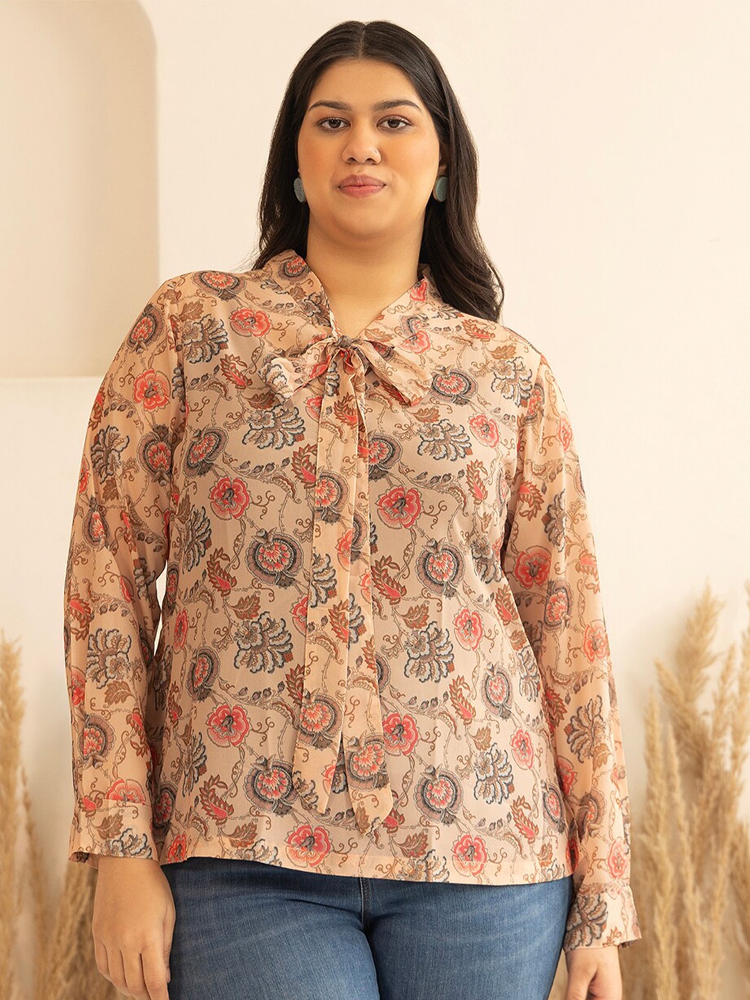 Janasya Plus Size Georgette Floral Printed Regular Top, Peach