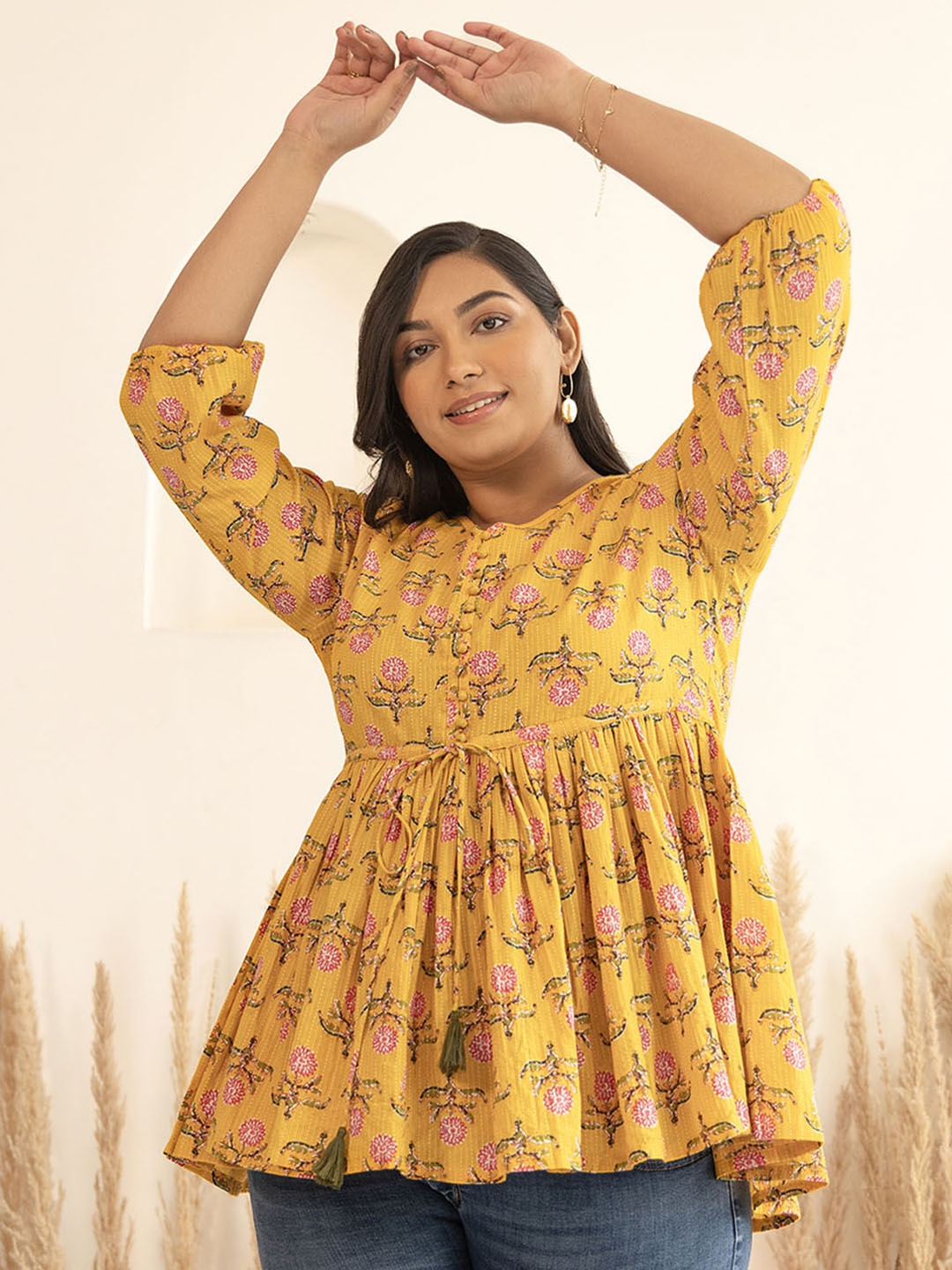 

Janasya Plus Size Cotton Floral Fit & Flare Top, Mustard