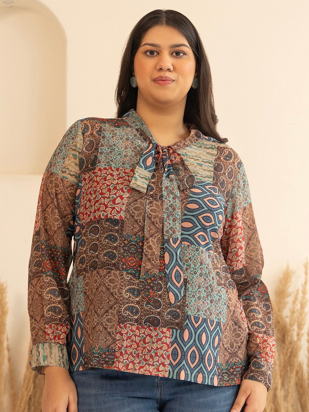 

Janasya Plus Size Printed Tie-Up Neck Top, Multi