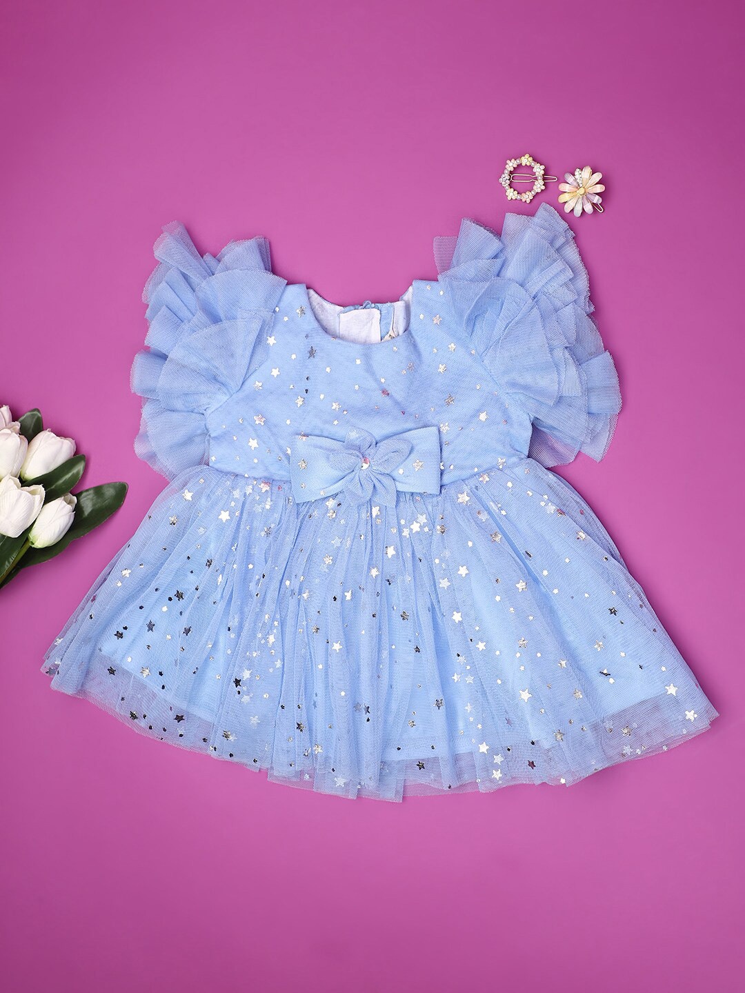 

V-Mart Girls Self Design Round Neck Fit & Flare Dress, Blue