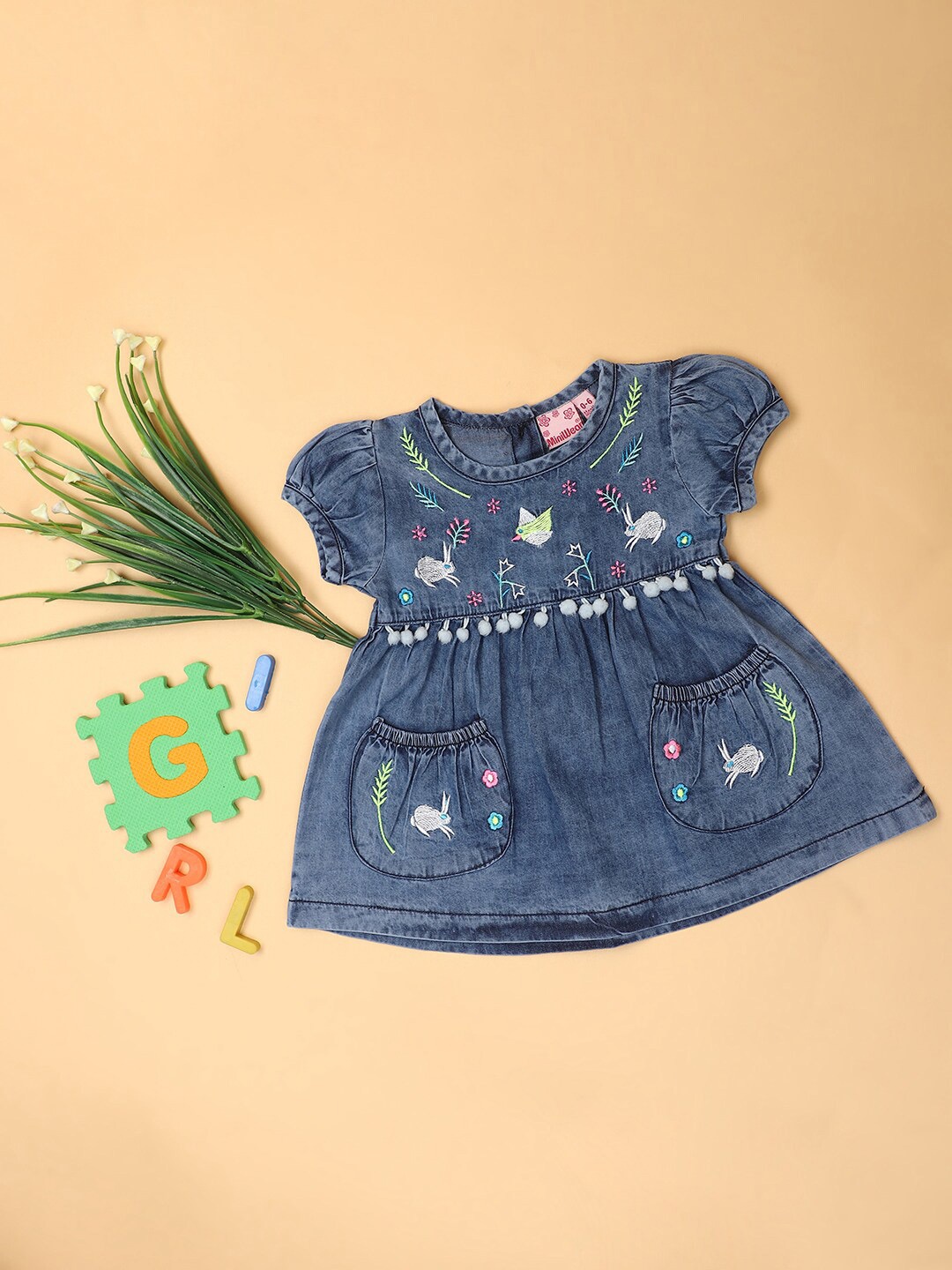 

V-Mart Girls Round Neck Embroidered Denim A-Line Dress, Blue
