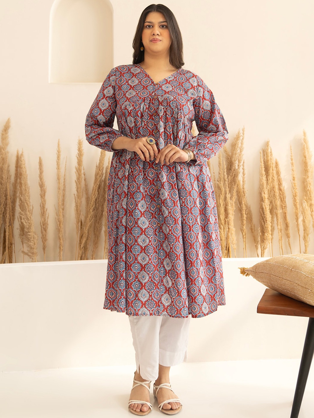 

Janasya Plus Size Red Cotton Ethnic Motifs A-Line Kurta