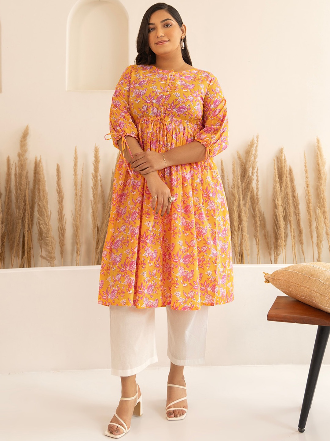 

Janasya Plus Size Cotton Floral A-Line Kurta, Orange