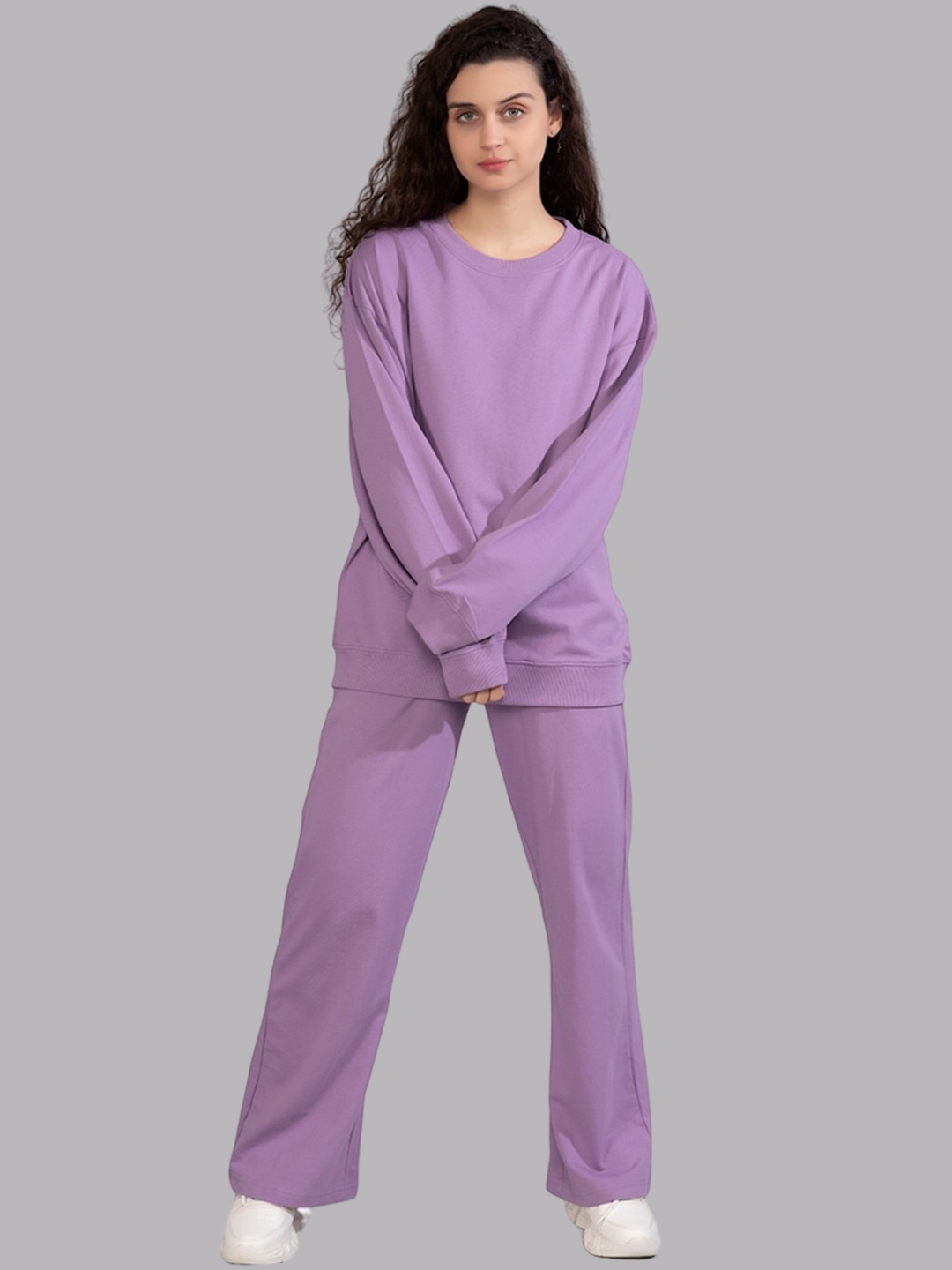 

PRONK Mid-Rise Pure Cotton Sweatshirt With Track Pant, Lavender