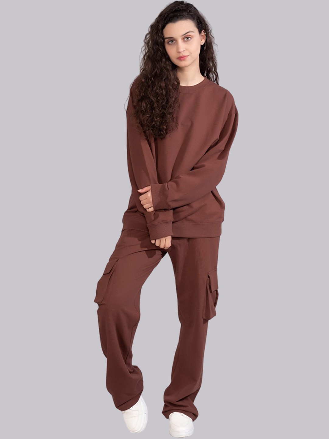 

PRONK Mid-Rise Pure Cotton Sweatshirt With Cargo, Brown