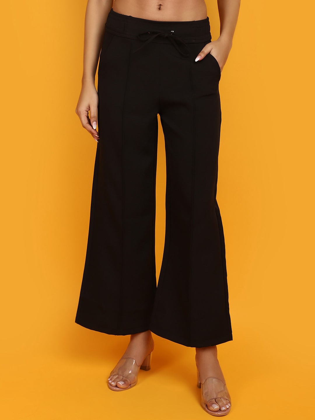 

V-Mart Women Mid-Rise Pleated Cotton Trousers, Black