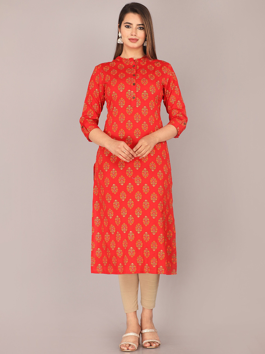 

MARISY Floral Printed Mandarin Collar Roll-Up Sleeves Straight Kurta, Red