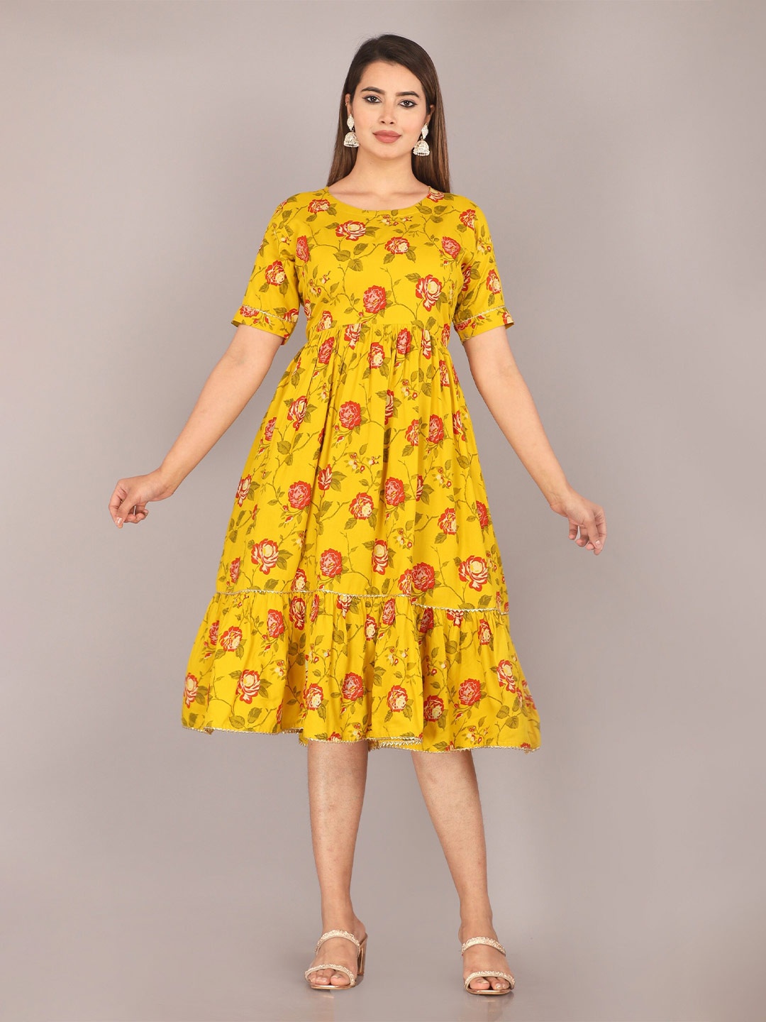 

MARISY Floral Printed Fit & Flare Dress, Mustard