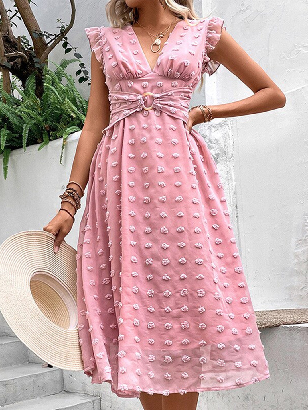 

StyleCast Pink Self Design V-Neck Sleeveless Gathered Fit & Flare Midi Dress