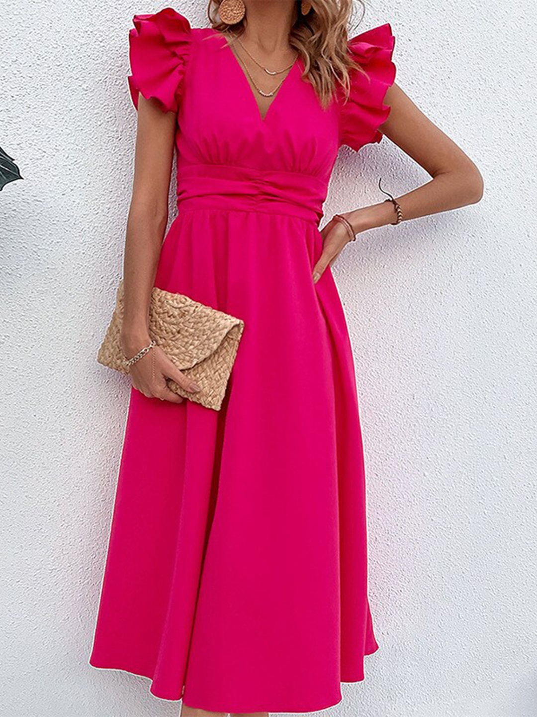 

StyleCast Solid Flutter Sleeve Fit and Flare Midi Dress, Fuchsia
