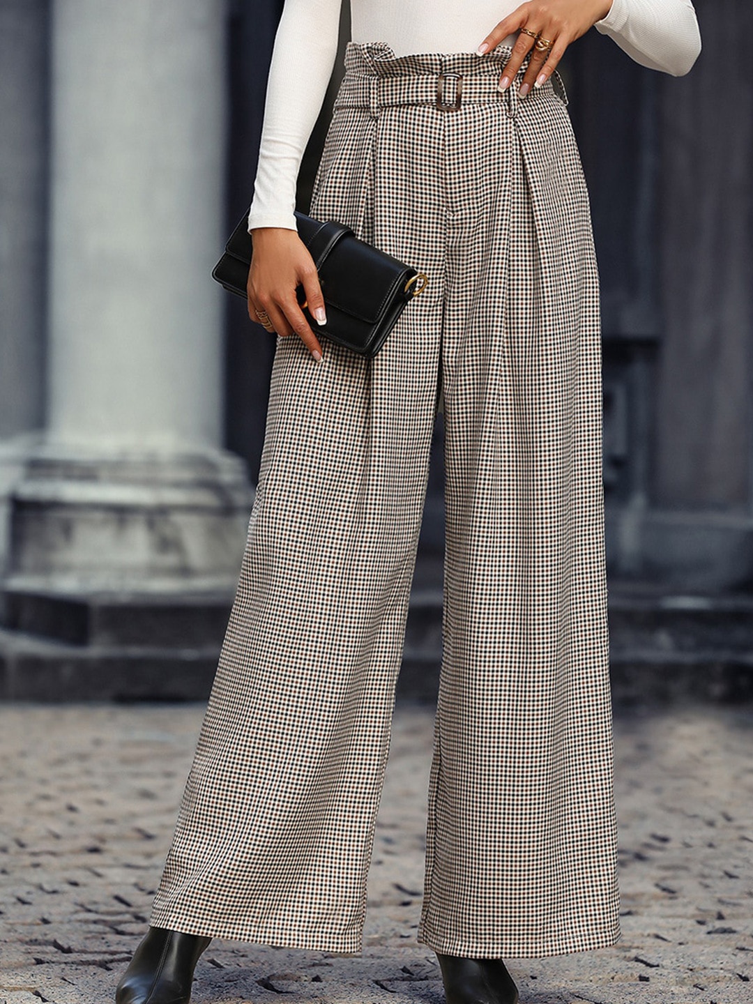 

StyleCast White Women Checked Printed Straight Fit Pleated Parallel Trousers, Multi