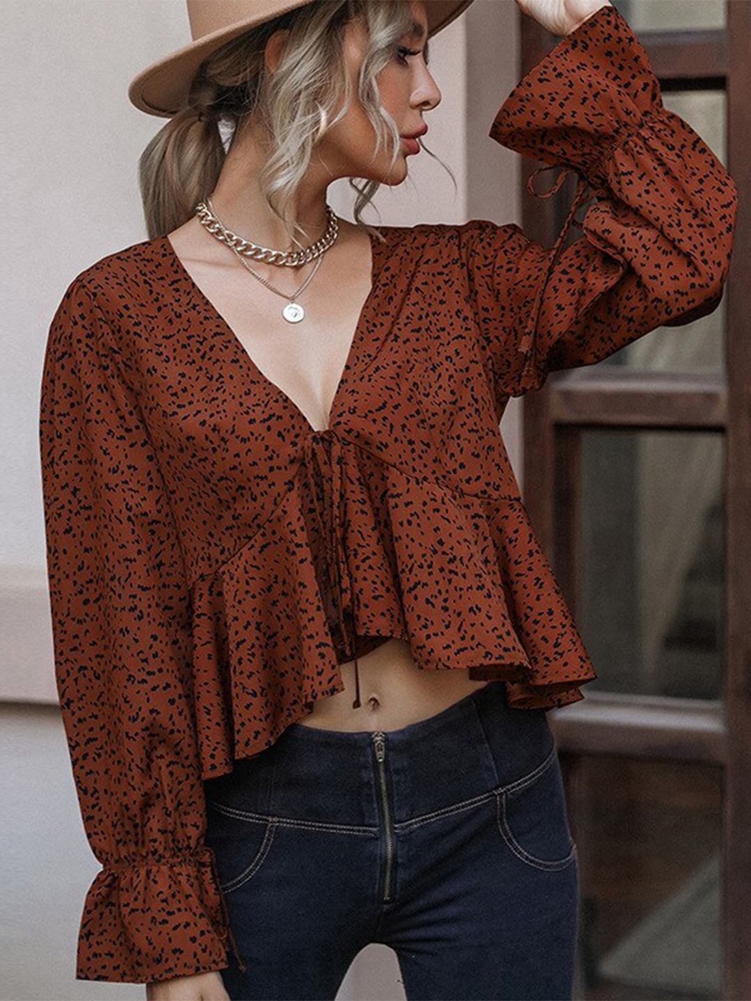 

StyleCast Animal Print Tie-Up Neck Bell Sleeve Top, Brown