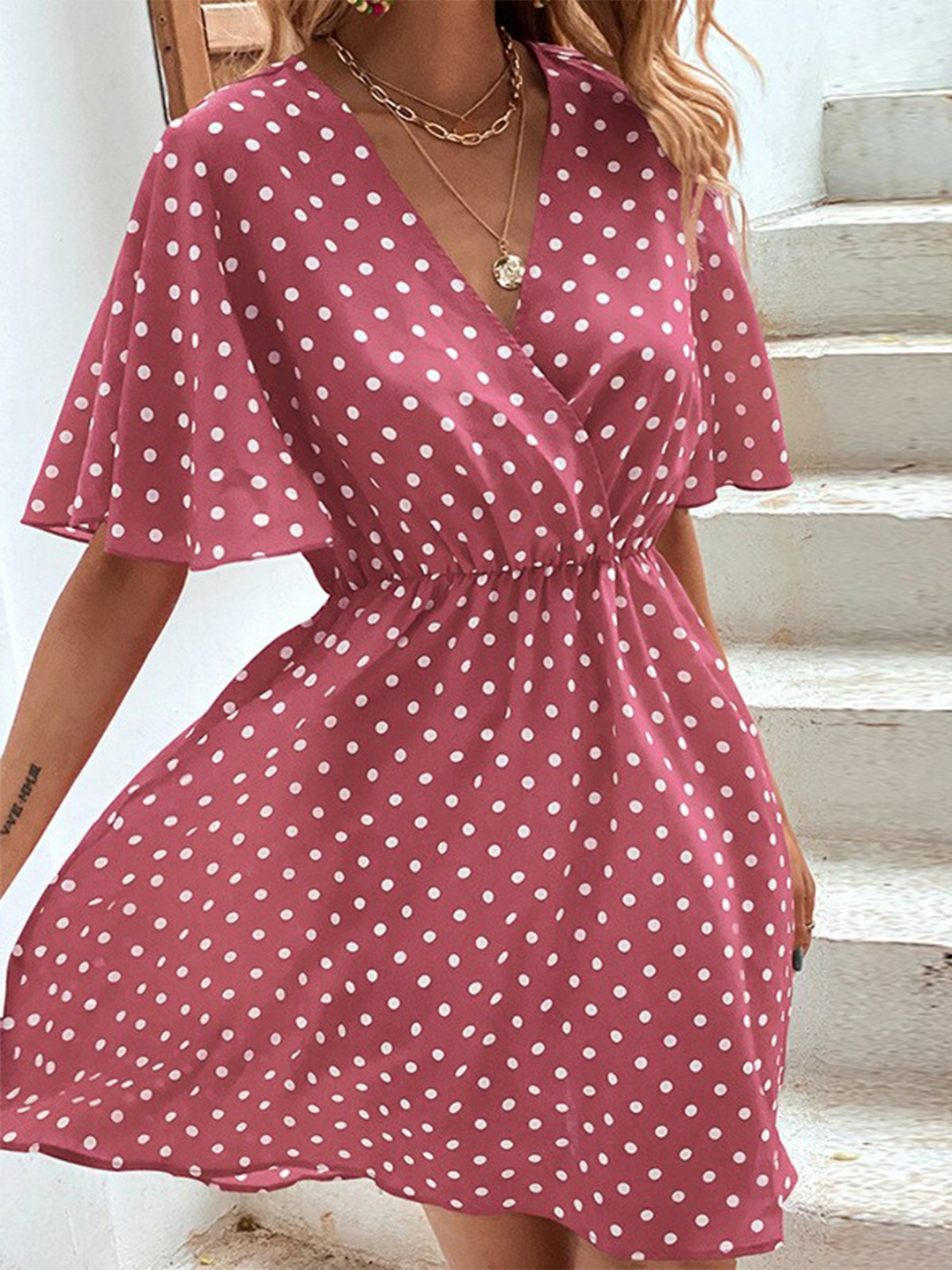 

StyleCast Polka Dot Printed Flared Sleeve Fit & Flare Mini Dress, Rust