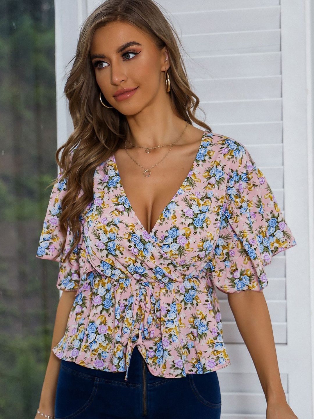 

StyleCast Pink Floral Printed Extended Sleeves Wrap Top