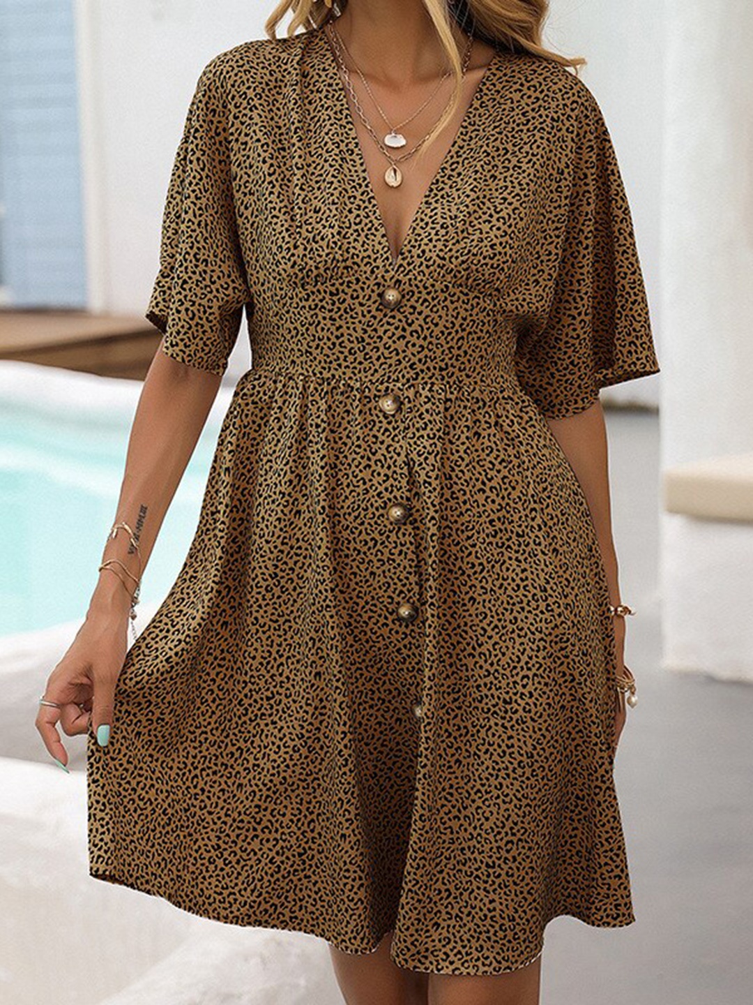 

StyleCast Women Animal Printed Flared Sleeve Fit & Flare Dress, Brown