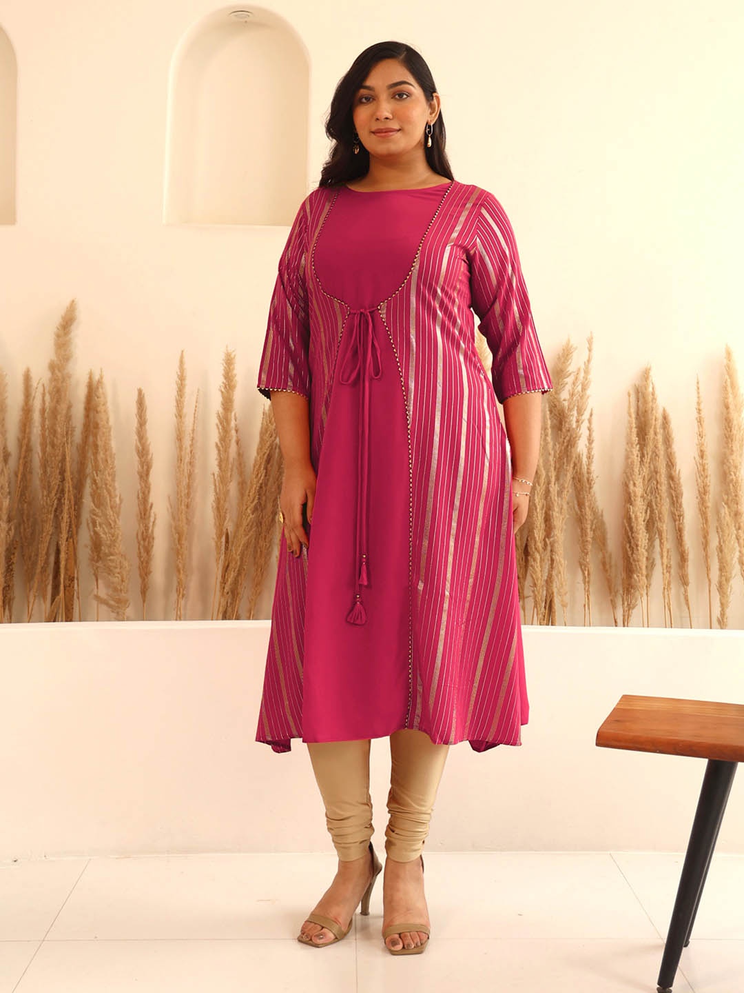 

XL LOVE By Janasya Plus Size Crepe Foil Printed A-Line Kurta, Pink