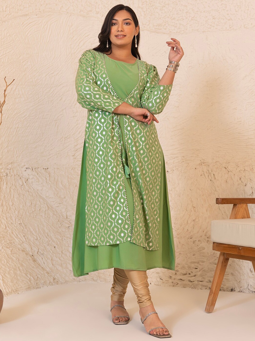 

Janasya Women Plus Size Foil Printed A-Line Kurta, Green