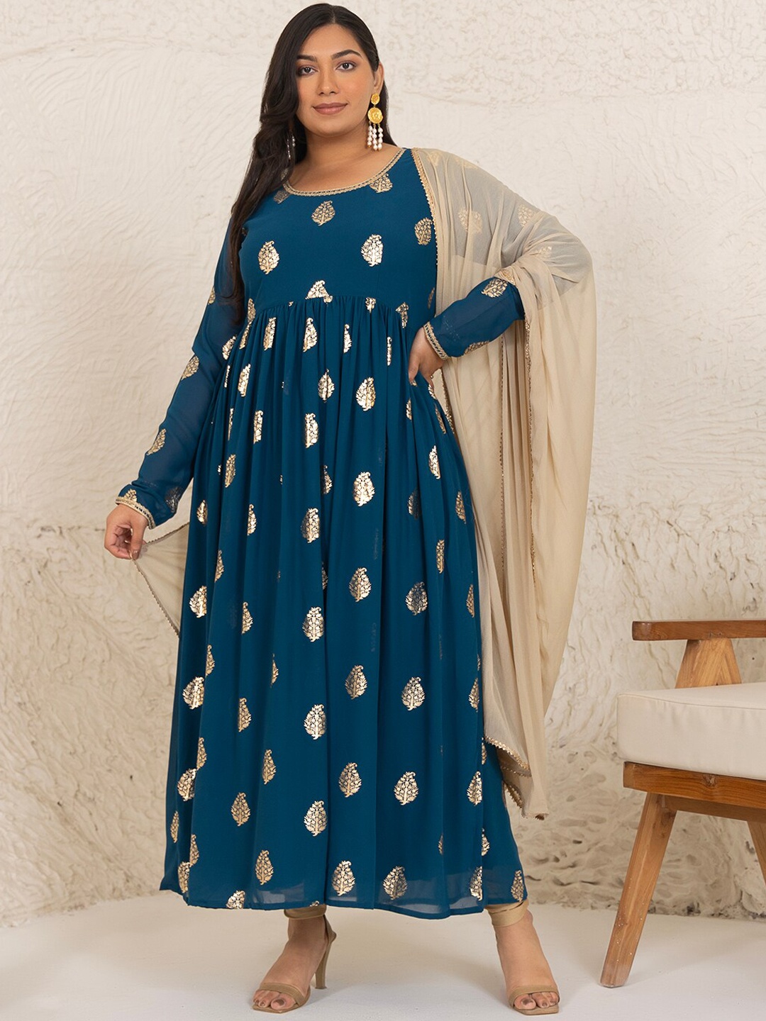 

Janasya Plus Size Georgette Foil Printed Flared Kurta and Dupatta, Blue