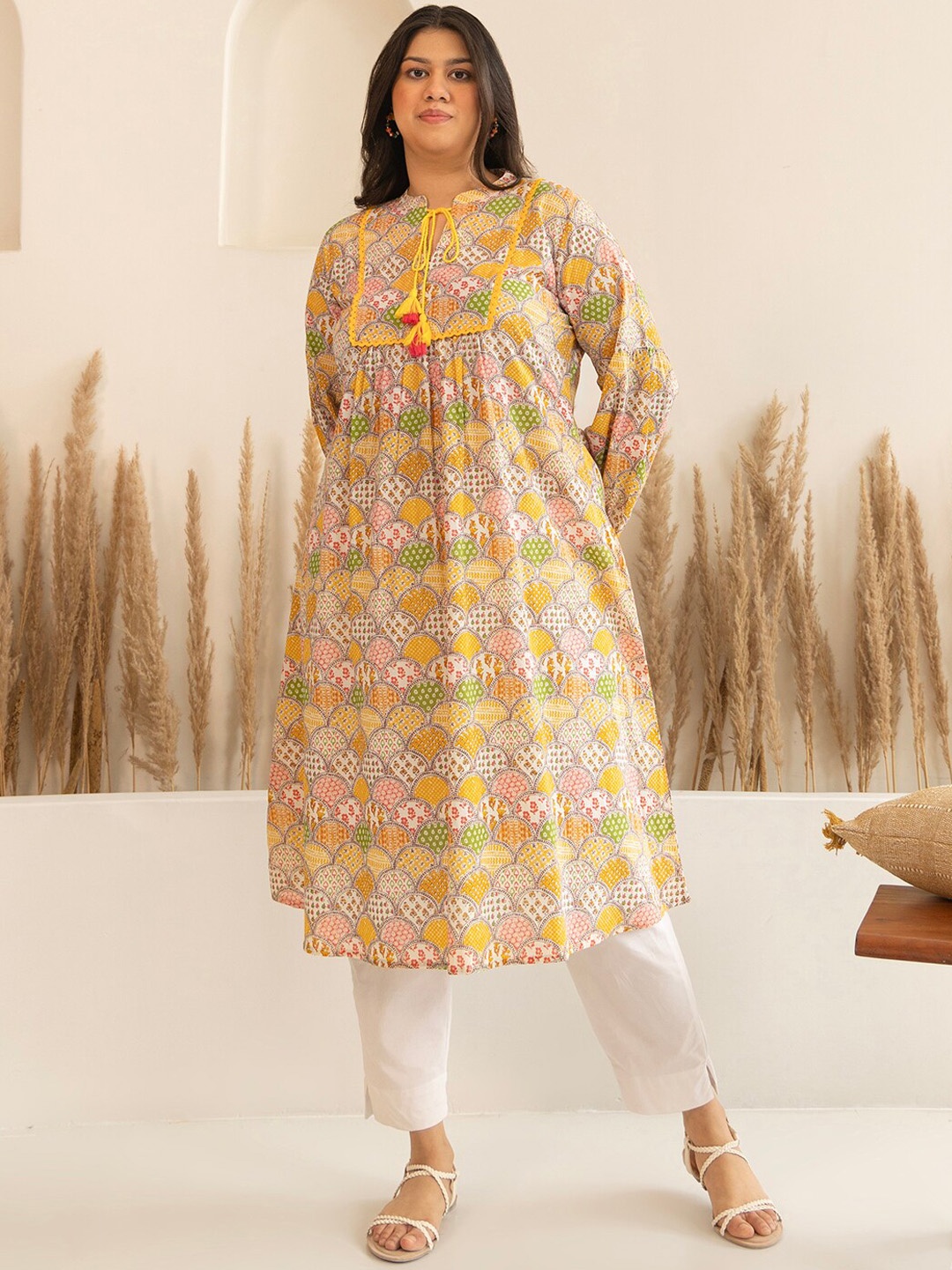 

Janasya Plus Size Cotton Ethnic Motifs A Line Kurta, Multi
