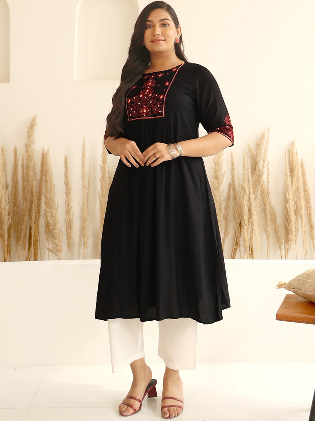 

Janasya Women's Plus Size Black Rayon Yoke Embroidered A-line kurta