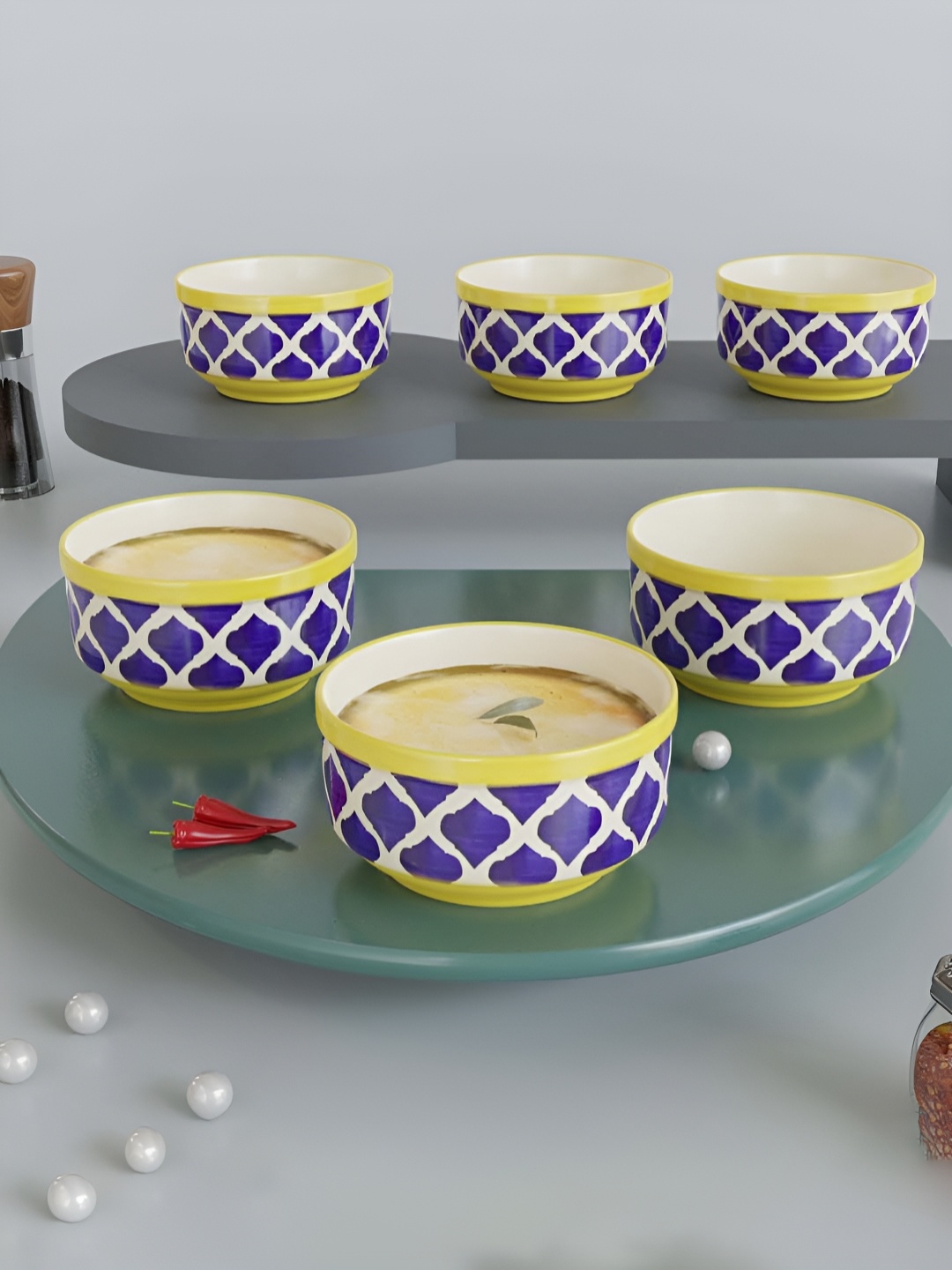 

The Earth Store Blue & Yellow 6 Pieces Printed Ceramic Glossy Bowls 250 ml