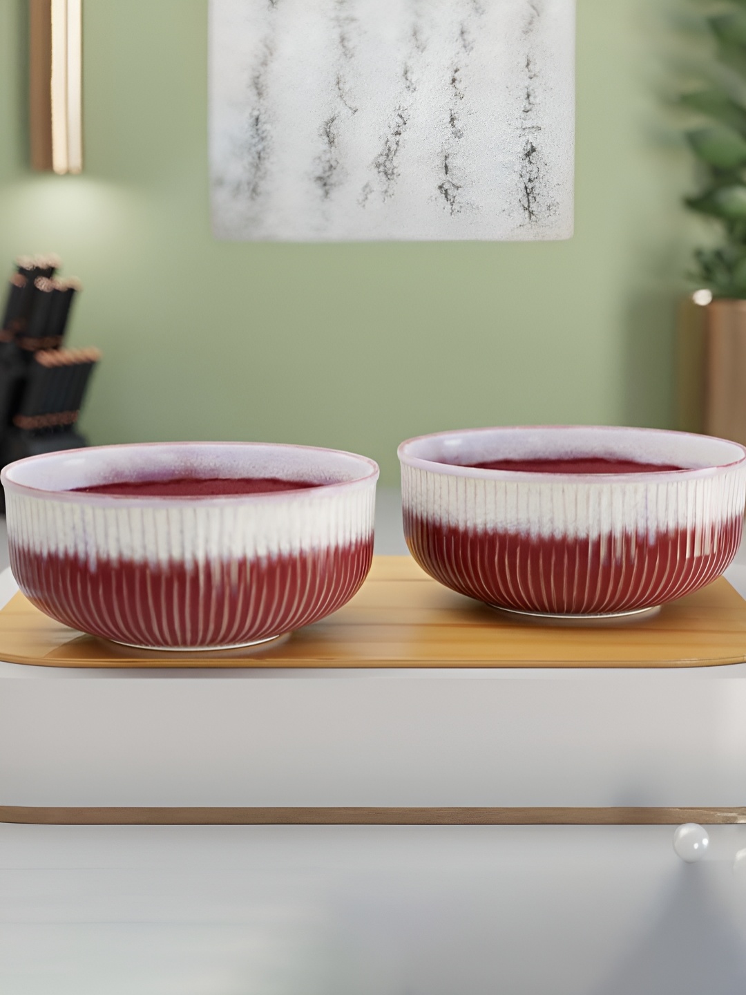 

The Earth Store Maroon & White 2 Pieces Textured Ceramic Glossy Bowls 550 ml