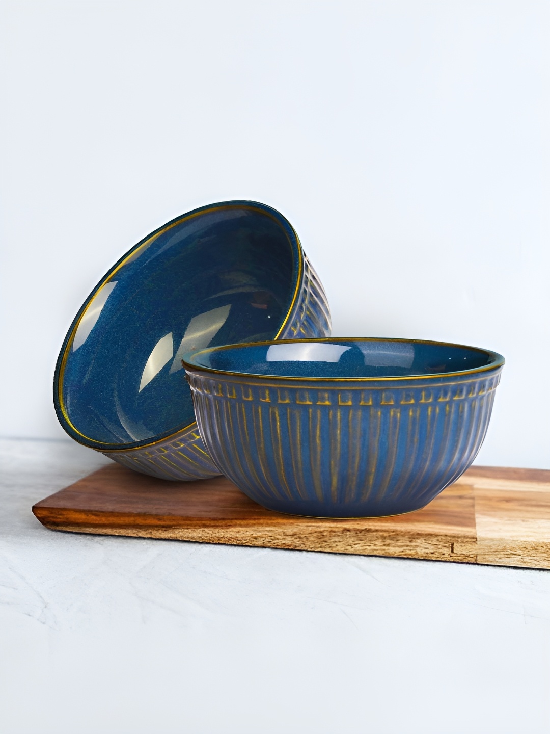 

The Earth Store Blue & Gold-Toned 2 Pieces Textured Ceramic Glossy Bowls 500 ml