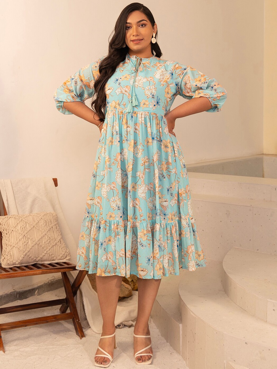 

Janasya Plus Size Georgette Floral Fit & Flare Dress, Blue