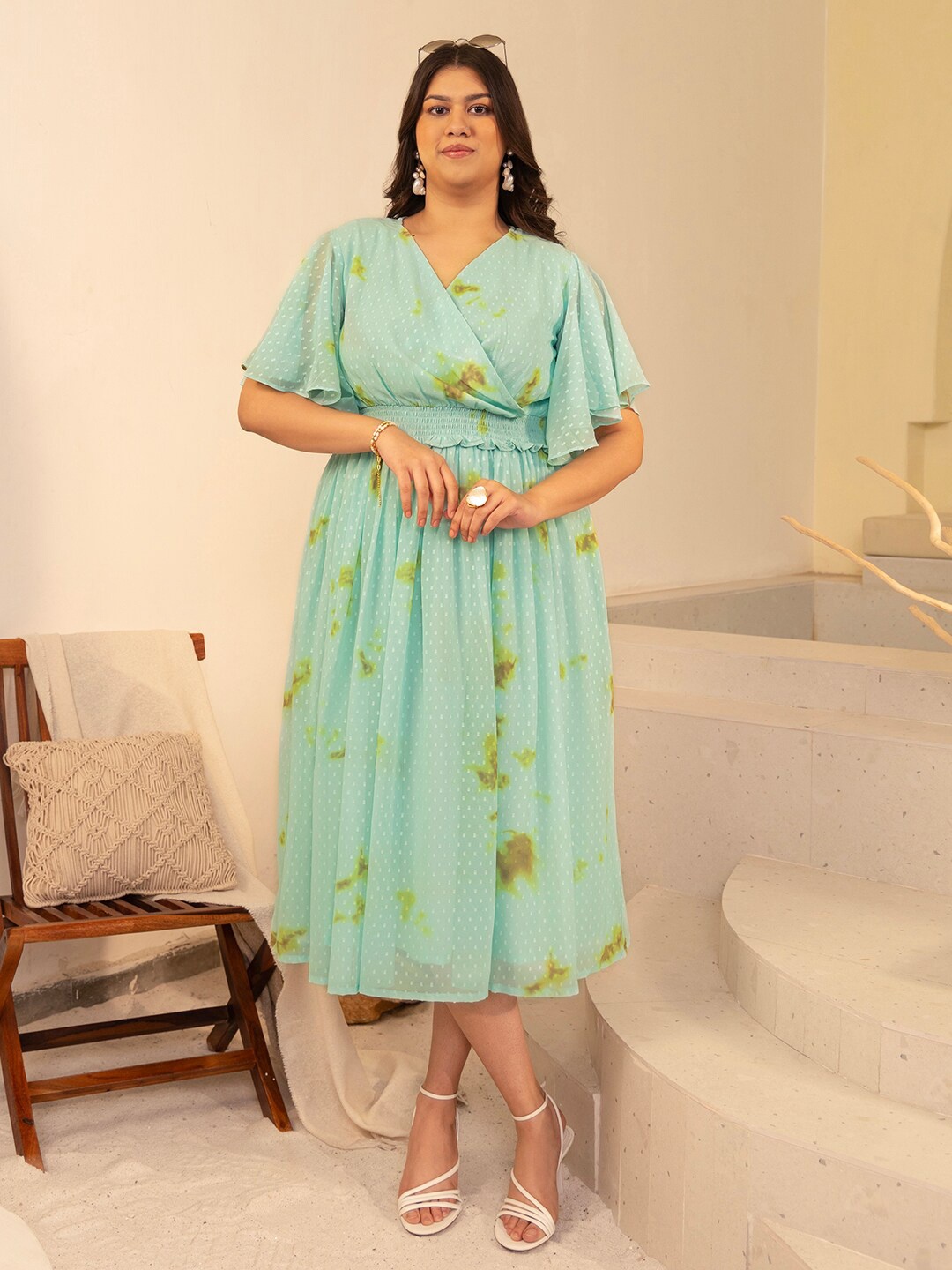 

Janasya Plus Size Dobby Georgette Tie & dye Fit & Flare Dress, Sea green