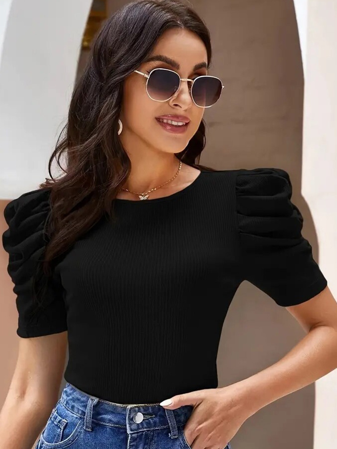 

Popwings Puff Sleeve Fitted Top, Black