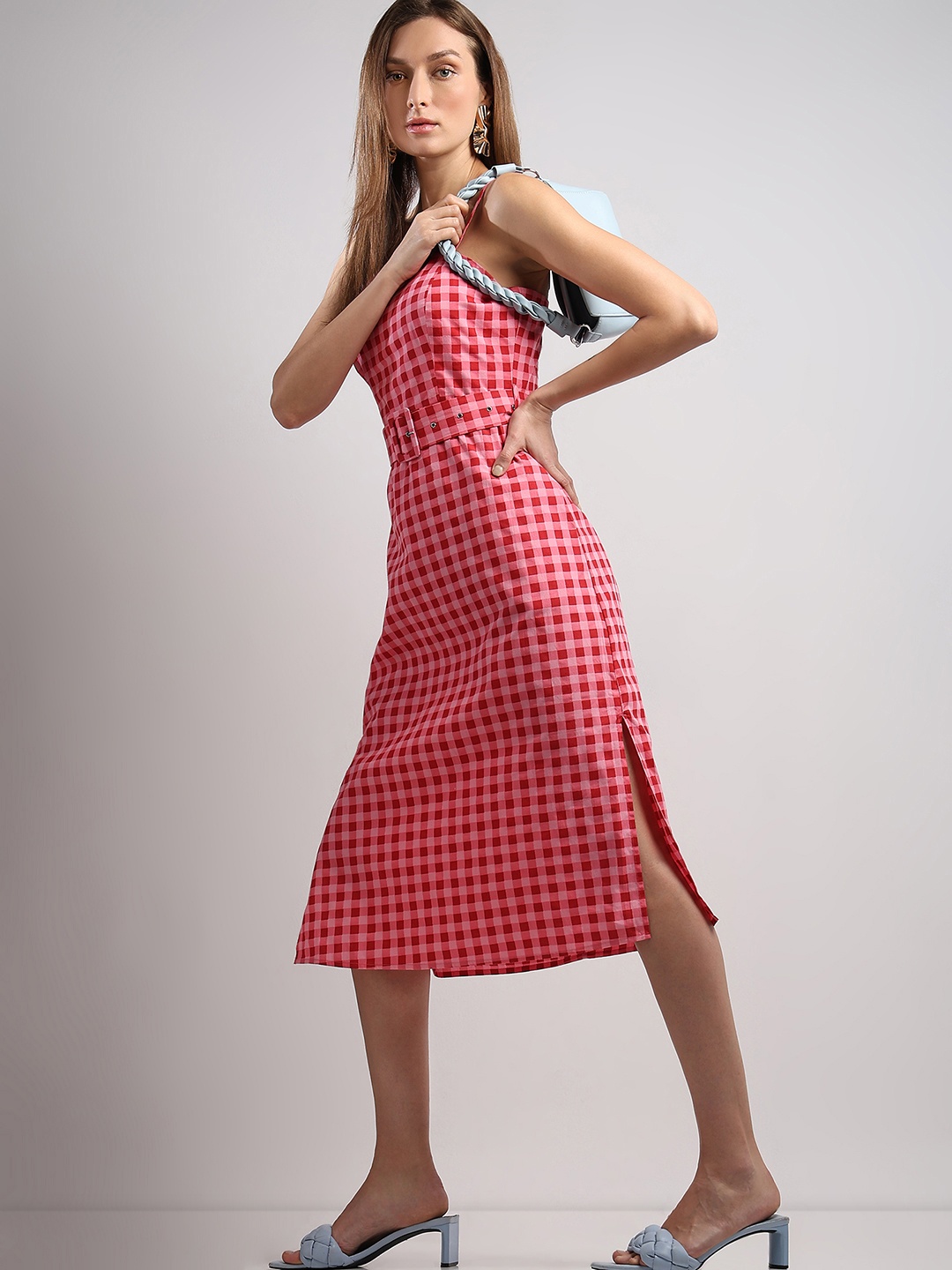 

Vero Moda Checked Shoulder Straps Smocked Pure Cotton A-Line Midi Dress, Red