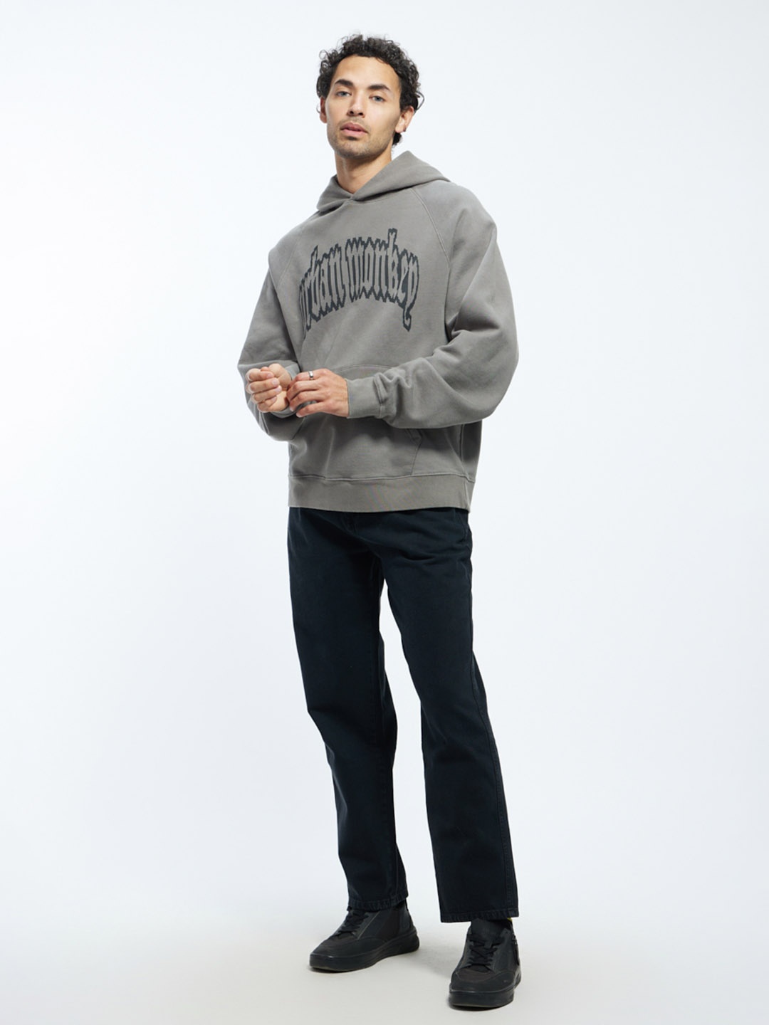 

Urban Monkey Unisex Typography Printed Hooded Fleece Pullover Sweatshirt, Grey