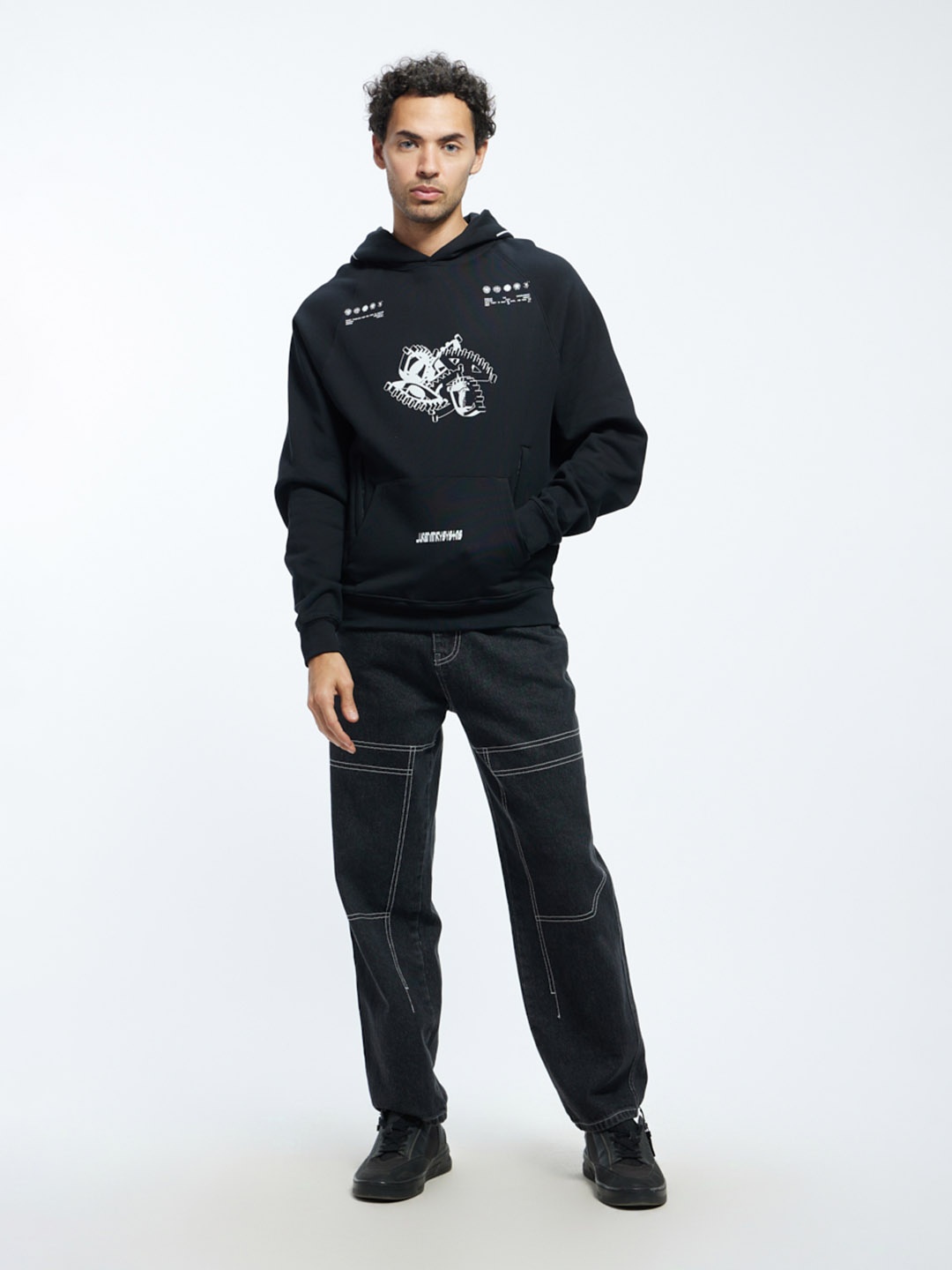 

Urban Monkey Unisex Graphic Printed Hooded Fleece Pullover Sweatshirt, Black