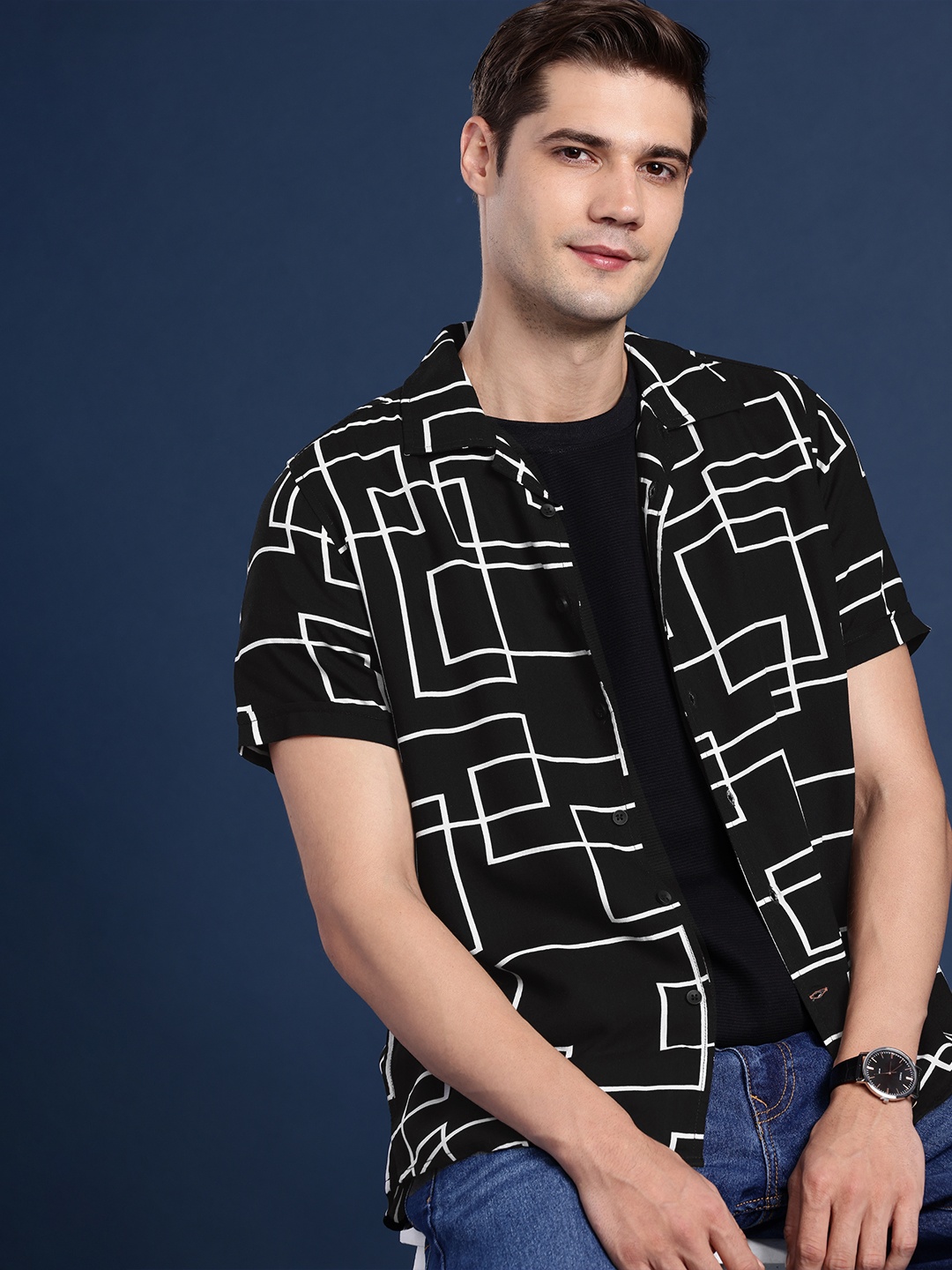 

Mast & Harbour Men Slim Fit Geometric Printed Casual Shirt, Black