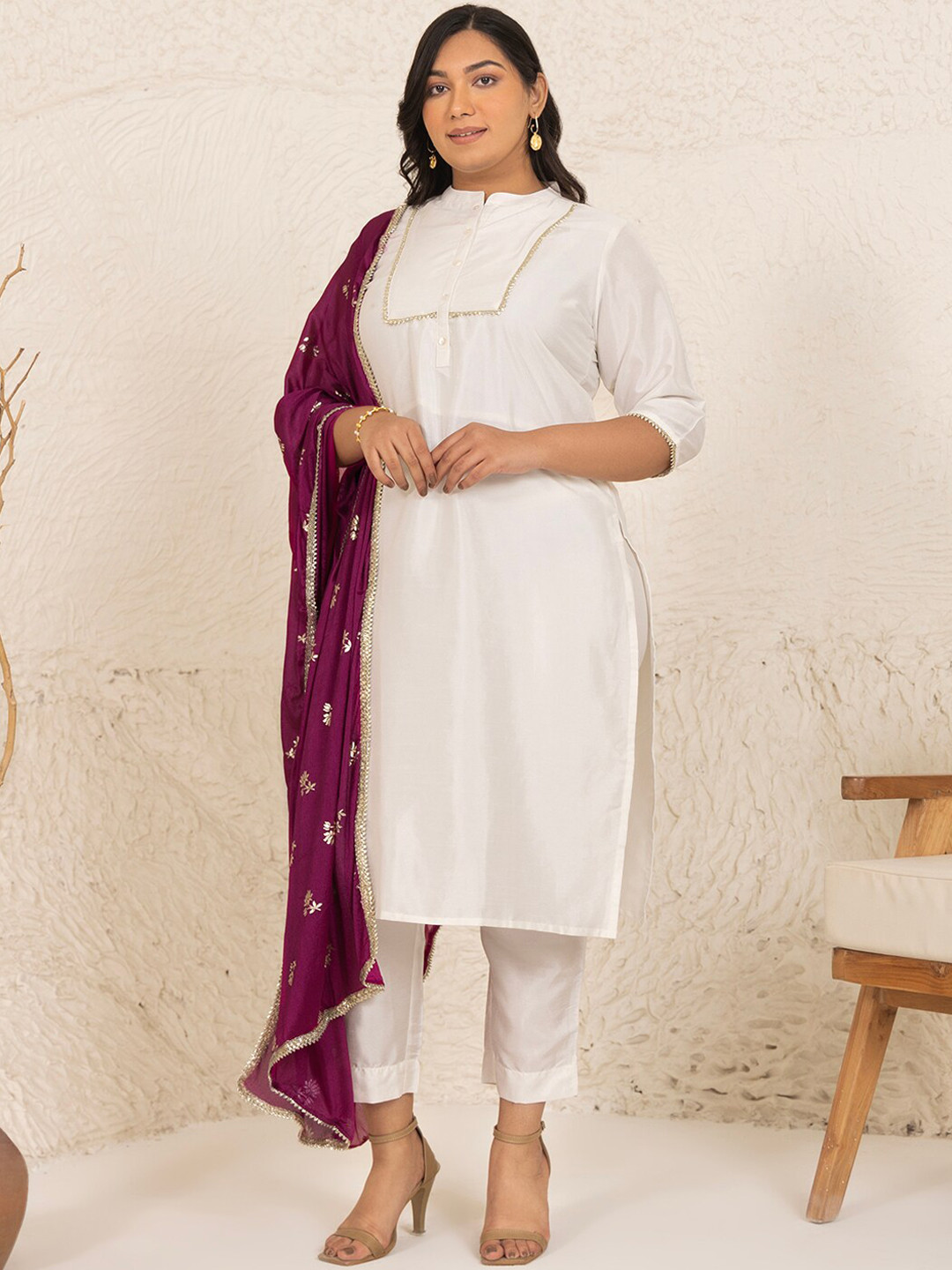 

Janasya Plus Size Mandarin Collar Gotta Patti Kurta With Trousers & Dupatta, White