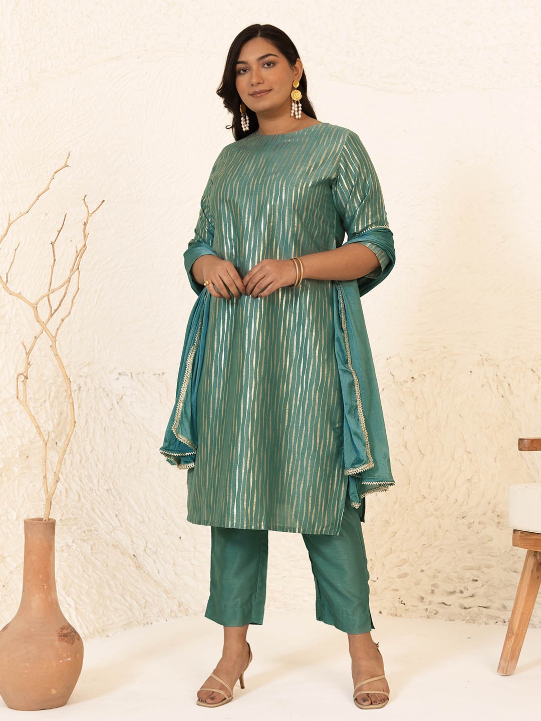 

Janasya Women's Plus Size Green Poly Silk Kurta With Pant and Dupatta