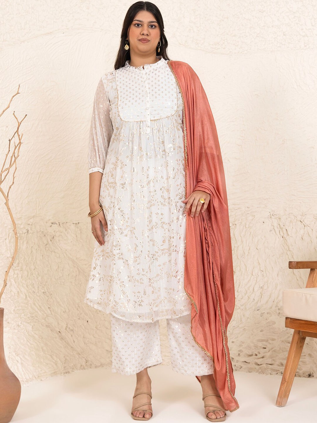 

Janasya Plus Size Floral Printed Gotta Patti Kurta With Palazzos & Dupatta, White