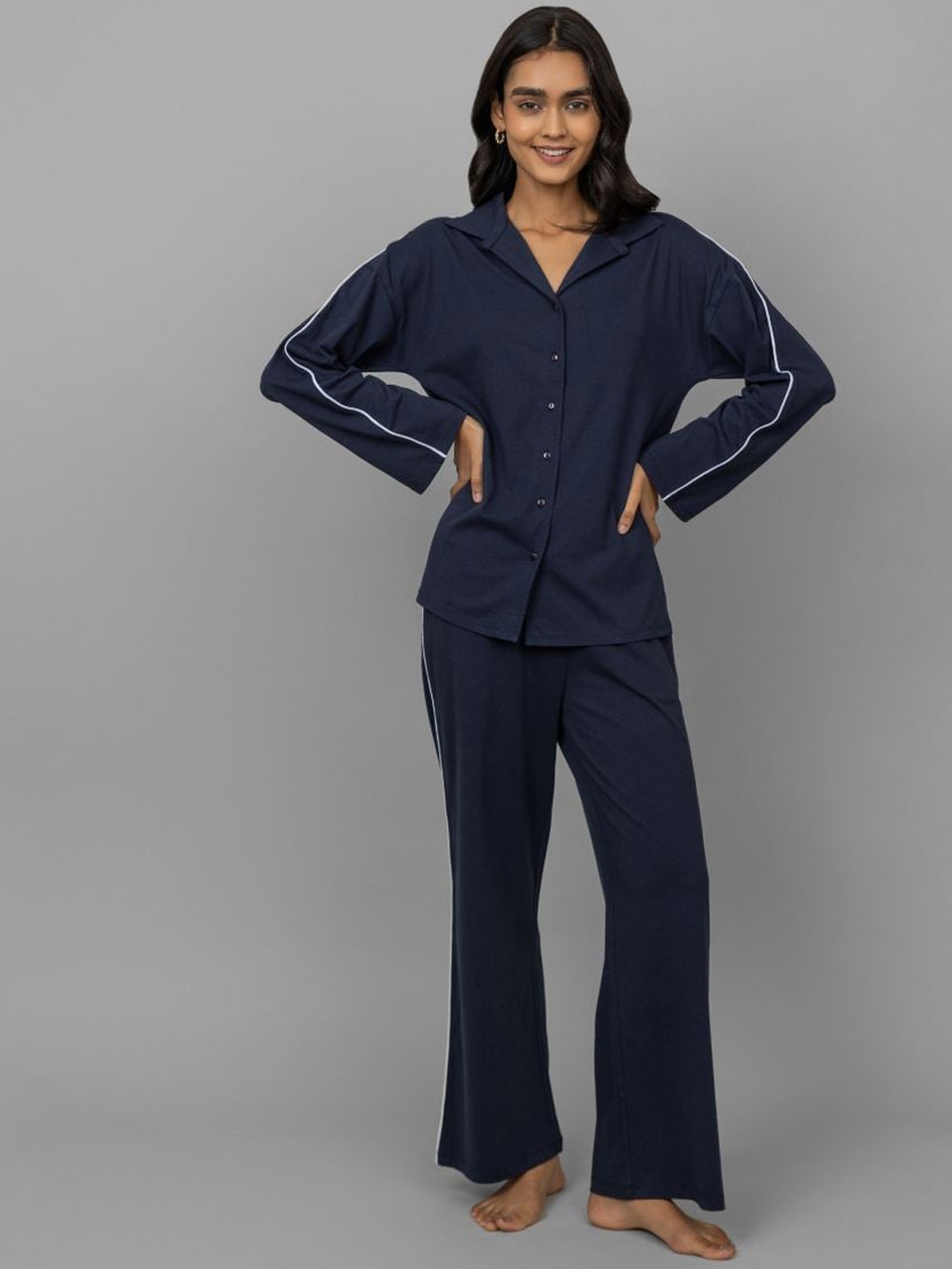 

necesera Women Pure Cotton Straight Lounge Pants, Navy blue