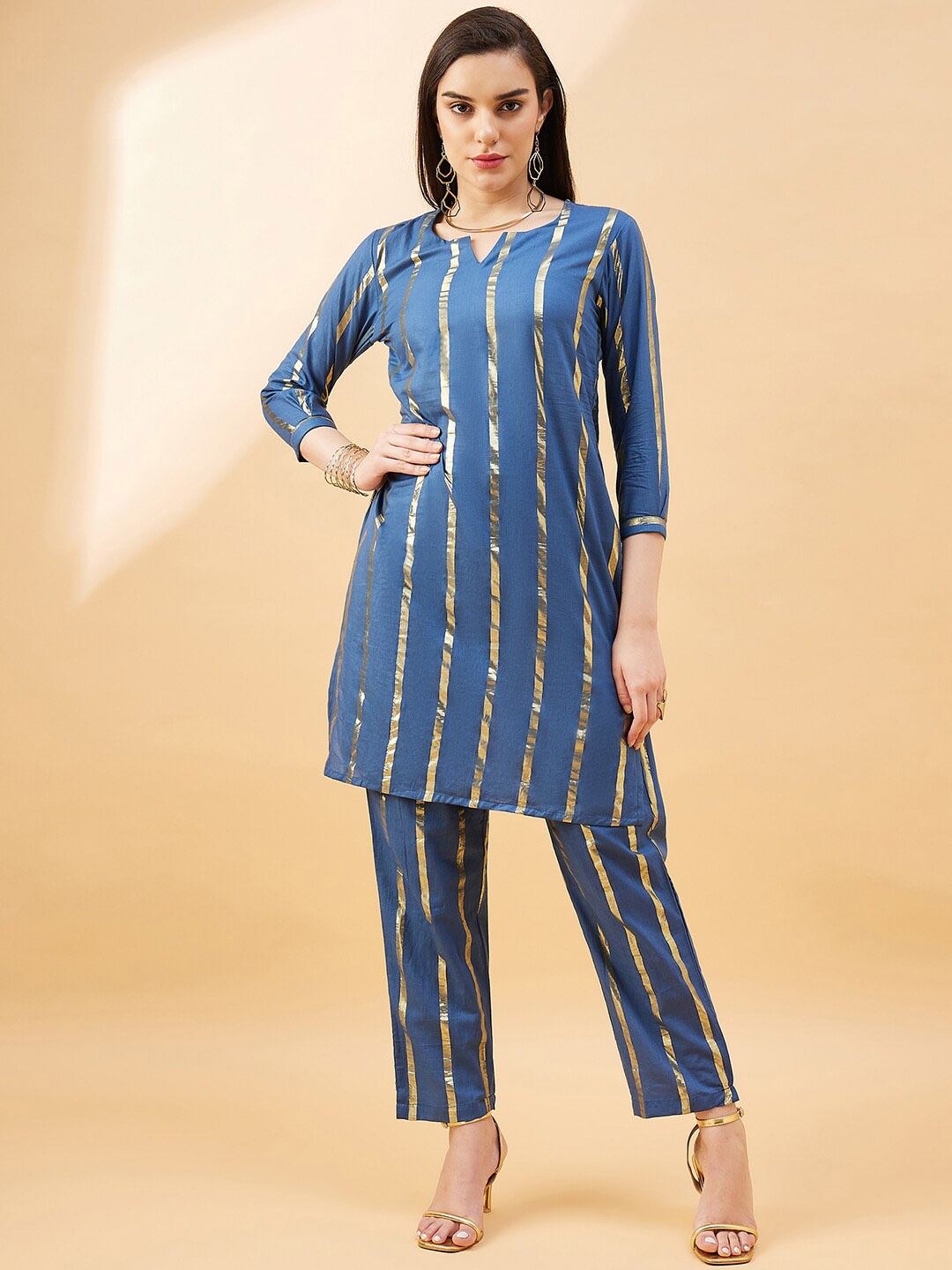 

Anouk Blue Striped Round Neck Regular Kurta With Trousers