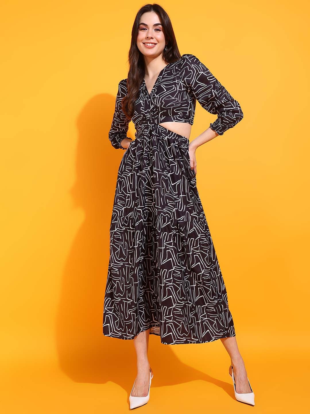 

WESTHOOD Abstract Printed Cut-Outs Tiered Fit and Flare Maxi Dress, Black