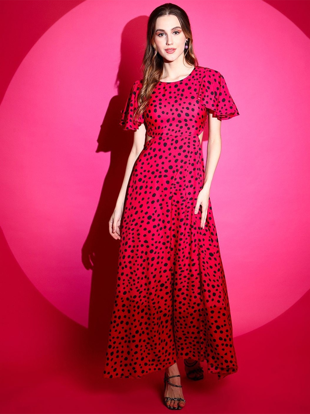 

WESTHOOD Abstract Printed Flared Sleeves Cut-Outs Sheath Maxi Dress, Pink