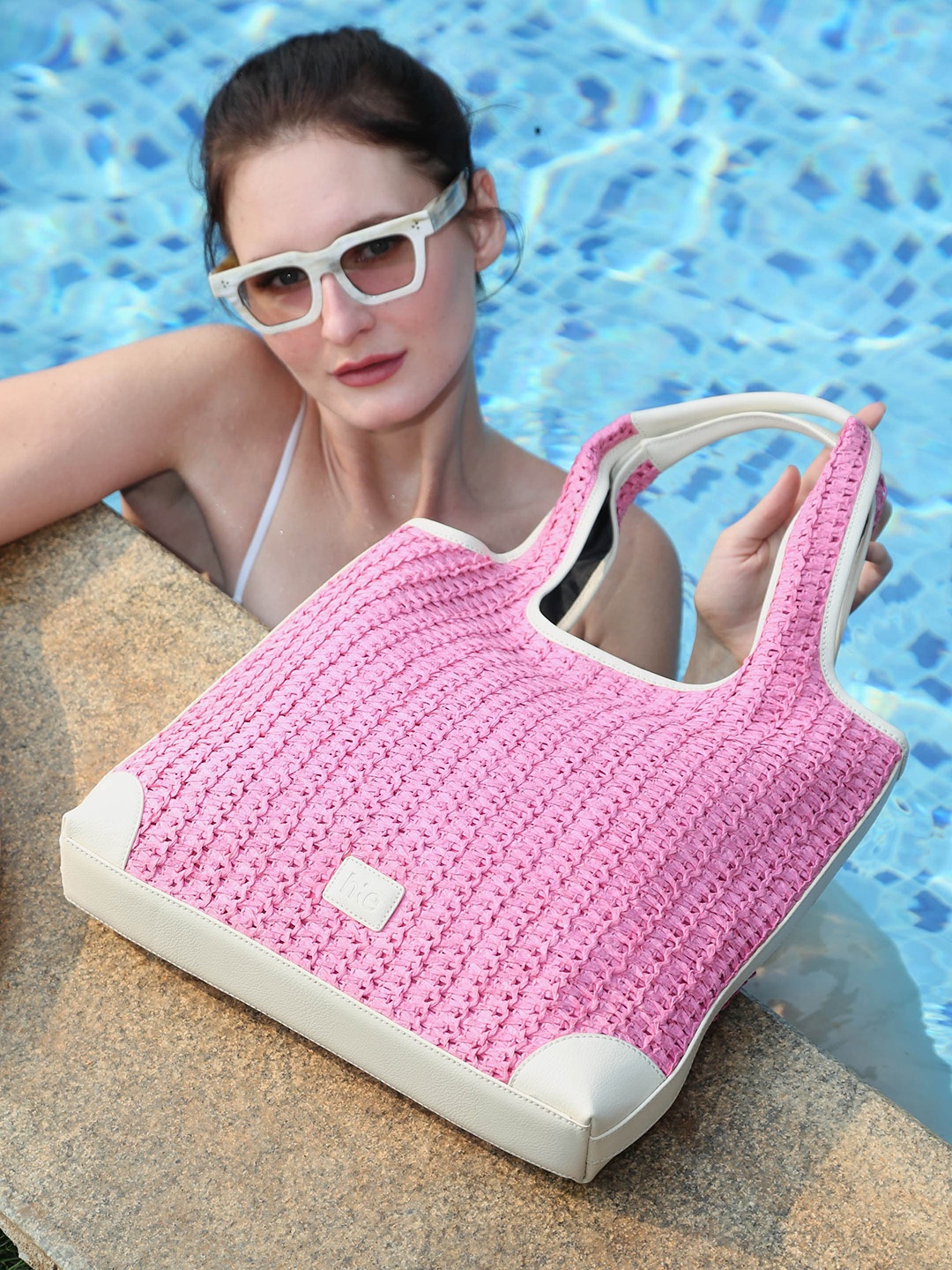

HIE Anya Textured Self Design Shopper Tote Bag With Hanging Pouch, Pink