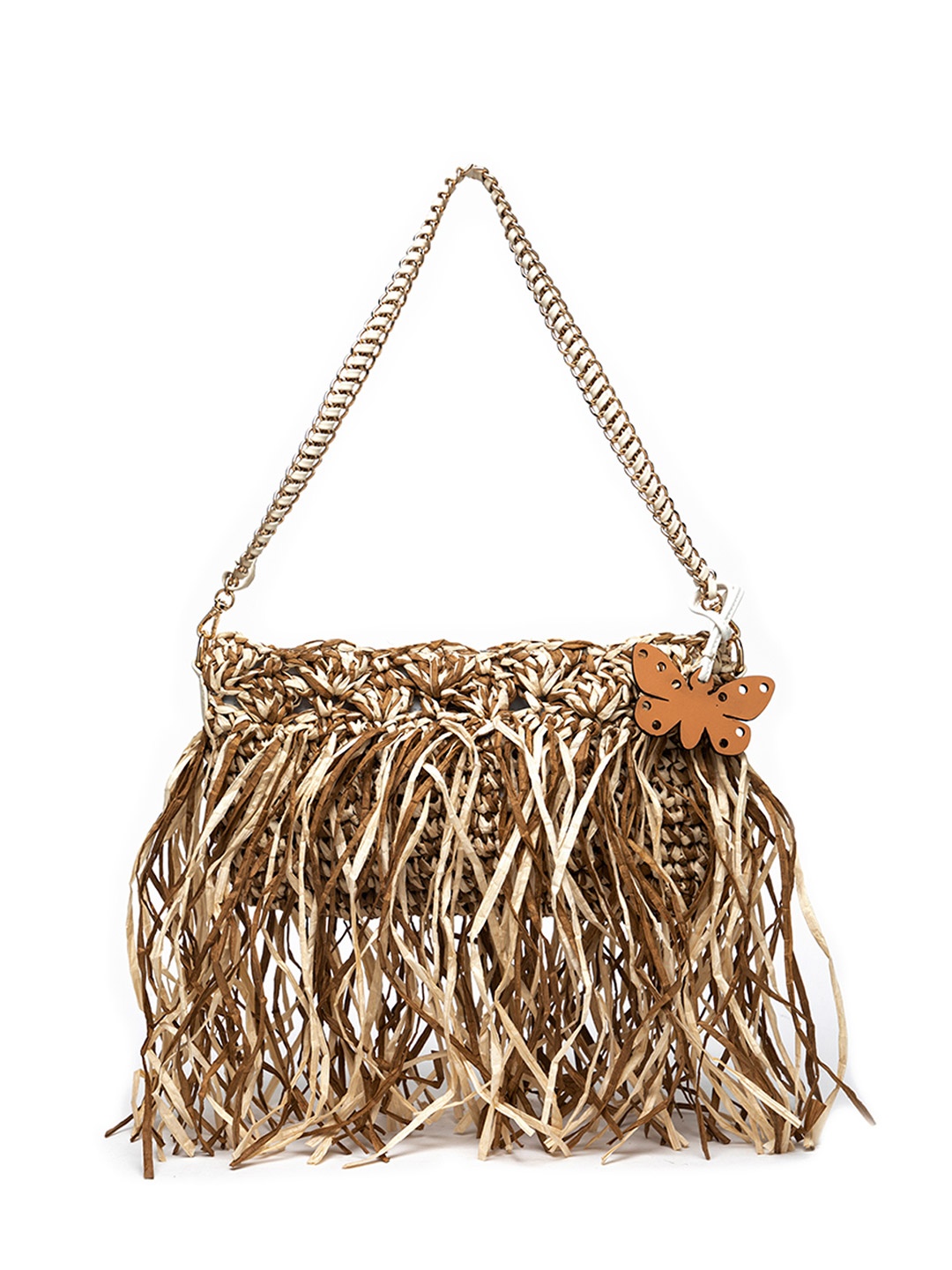 

HIE Textured Structured Handheld Bag With Fringed, Beige