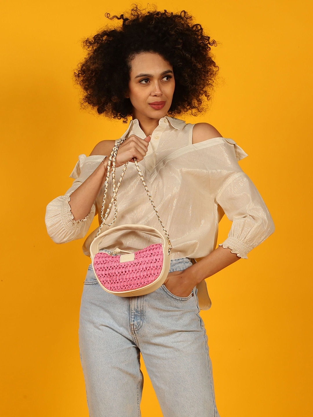 

HIE Half Moon Textured Handheld Bag, Pink