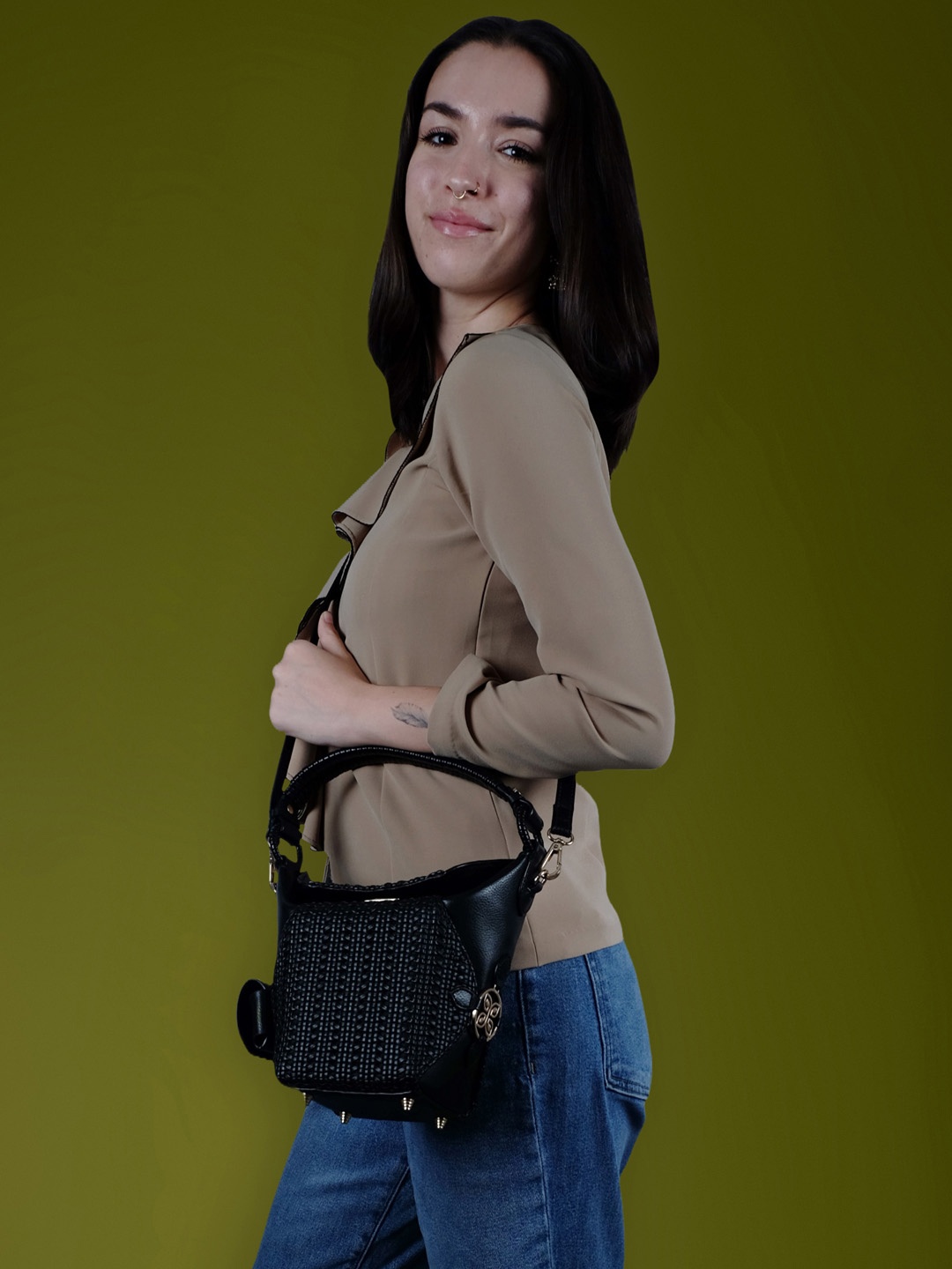 

HIE Embellished Leather Structured Handheld Bag, Black