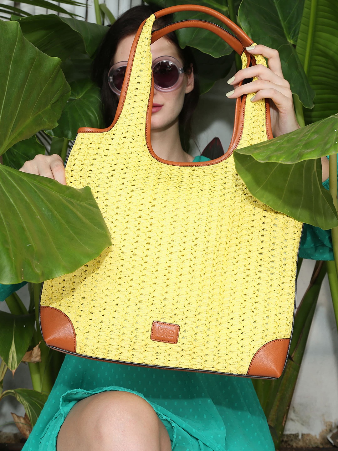 

HIE Anya Textured Self Design Synthetic Leather Shopper Tote Bag With Hanging Pouch, Yellow