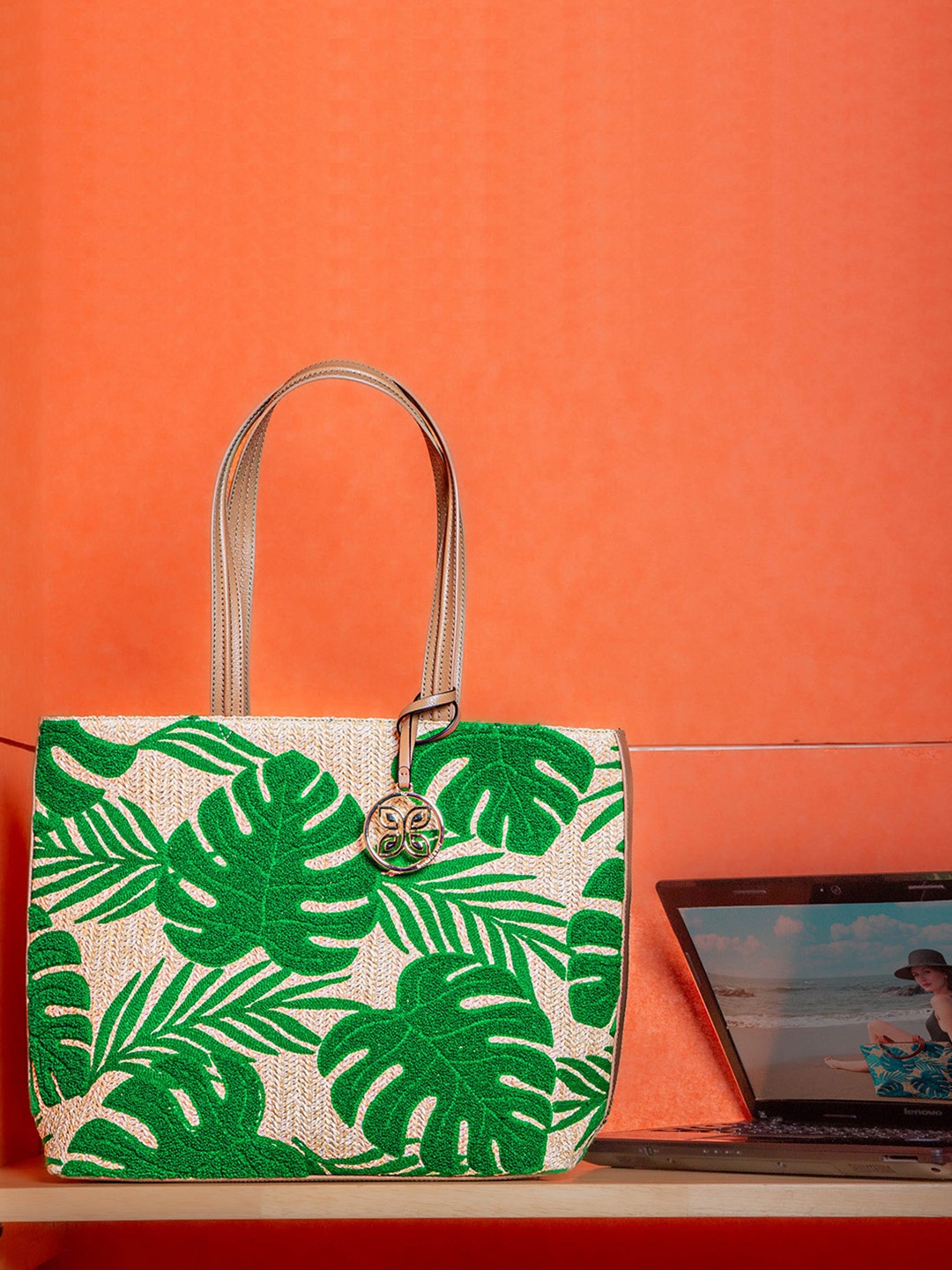 

HIE Floral Printed Oversized Structured Jute Tote Bag, Green